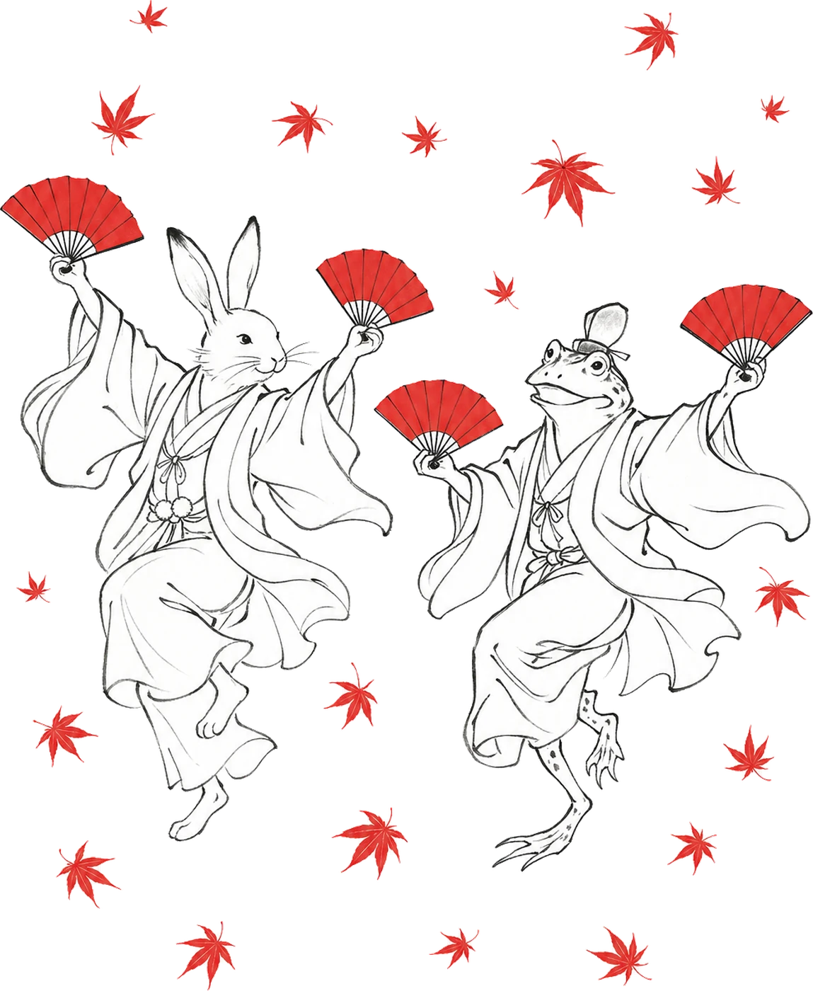 扇を持って舞う、鳥獣戯画ふうのうさぎとかえる